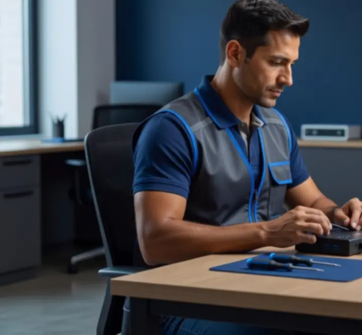 Technician configuring a modern laptop setup in a professional workspace
