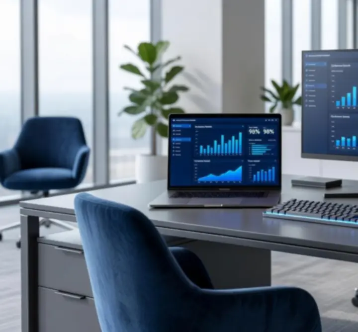 Modern laptop setup on a sleek office workstation