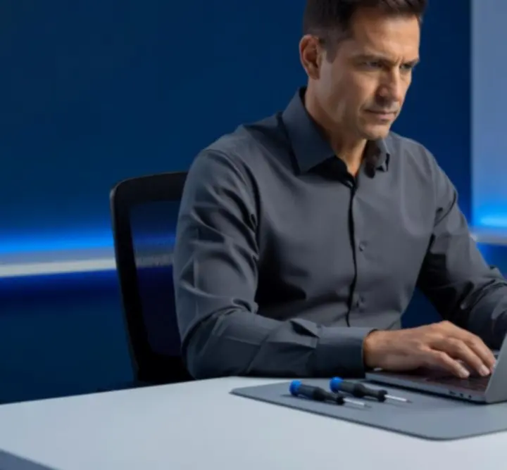 Tryhardgg Solutions Limited lead technician configuring a laptop in a clean workspace