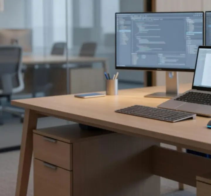 Sleek modern office environment with laptops on clean desks