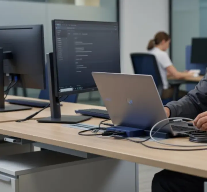 Technician configuring a modern laptop workstation