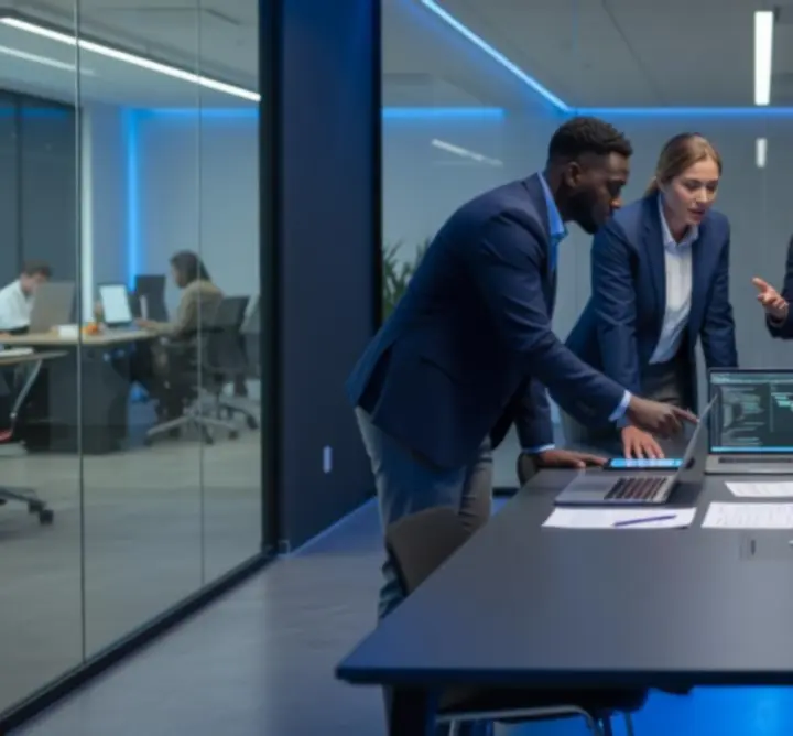 Tryhardgg Solutions Limited team collaborating over laptops in a modern workspace