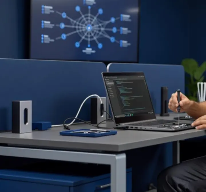 Technician configuring laptops on-site in an office